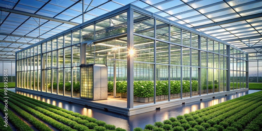 A futuristic automated greenhouse with advanced technology , high tech, sustainable, agriculture, modern A futuristic automated greenhouse with advanced technology , high tech, sustainable, agriculture, modern