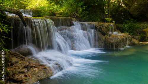 Deep forest waterfall in Thailand. Erawan waterfall National Park Kanjanaburi Thailand.