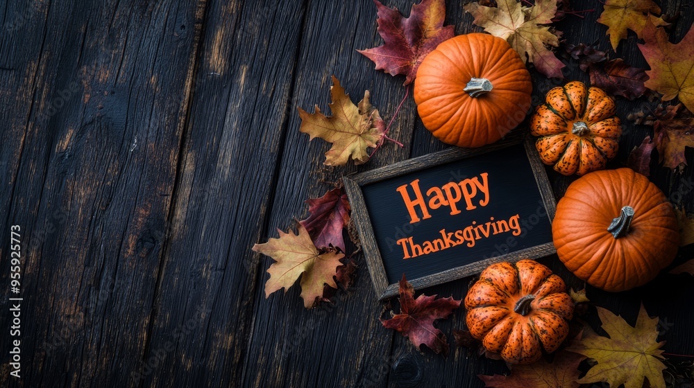 Fototapeta premium Happy Thanksgiving text with pumpkins and autumn leaves. Thanksgiving background