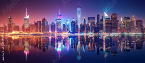 Panoramic night view of the New York skyline with neon-lit skyscrapers and reflections in the water, featuring Manhattan island. photo