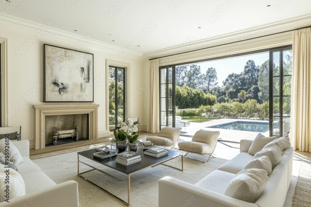 Fototapeta premium Modern Living Room with Pool View