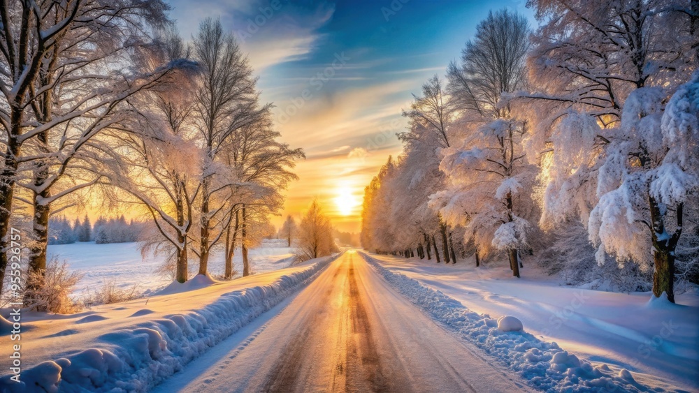 Snow-covered road with trees and sunrise in winter , snow, road, trees, winter, sunrise, cold, frost, icy, morning, scenic Snow-covered road with trees and sunrise in winter , snow, road, trees, winter, sunrise, cold, frost, icy, morning, scenic