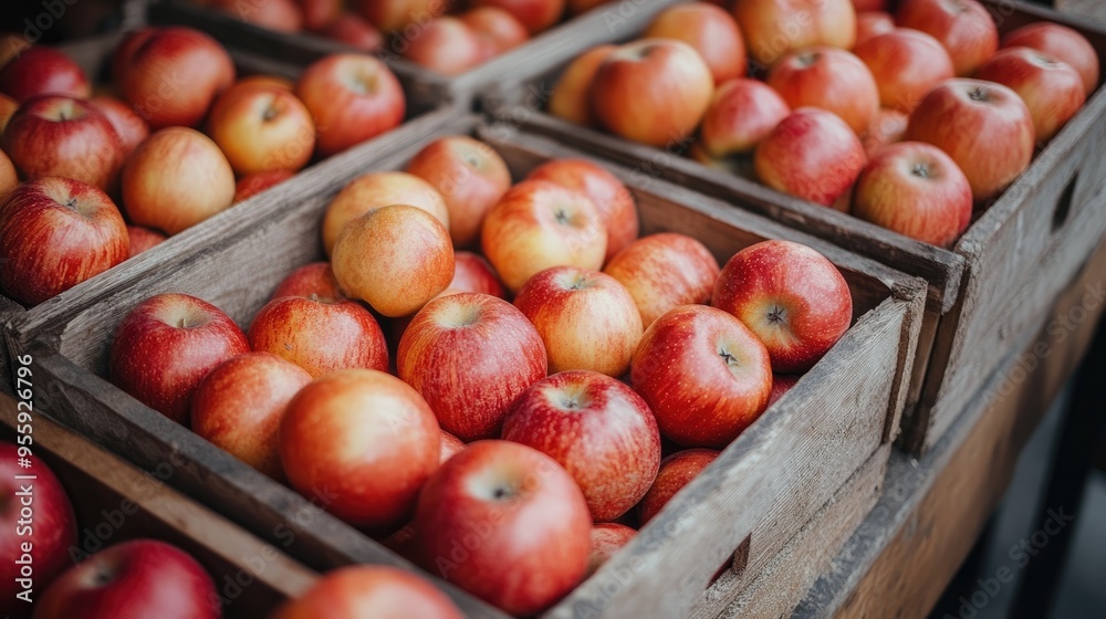 Fresh Red Apples in Wooden Crates at Farmer's Market Fresh Red Apples in Wooden Crates at Farmer's Market