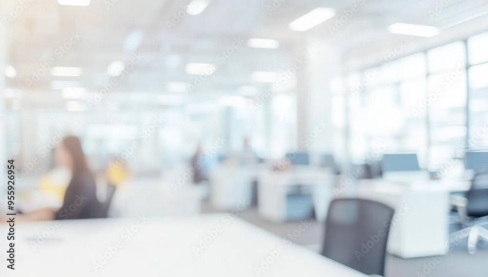 Blurred office interior with people working, featuring a modern white and light blue color scheme with yellow accents. Ideal for a business concept banner, with soft lighting and a clean, contemporary Blurred office interior with people working, featuring a modern white and light blue color scheme with yellow accents. Ideal for a business concept banner, with soft lighting and a clean, contemporary