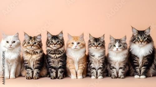 Diverse Domestic Felines Posing for Magazine Style Shoot on Soft Peach Background