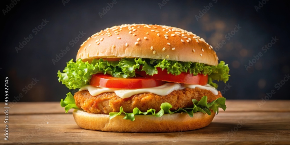 Crispy chicken burger with lettuce, tomato, and mayo on a sesame seed bun , fast food, delicious, meal, sandwich, fried Crispy chicken burger with lettuce, tomato, and mayo on a sesame seed bun , fast food, delicious, meal, sandwich, fried