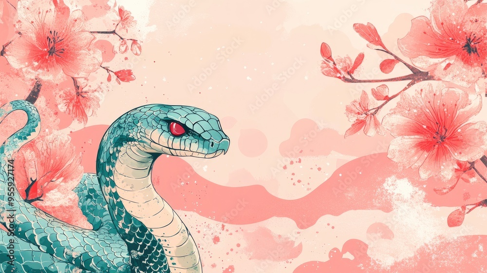 Vibrant Snake with Cherry Blossoms Digital Illustration: Nature and Color in Art Vibrant Snake with Cherry Blossoms Digital Illustration: Nature and Color in Art