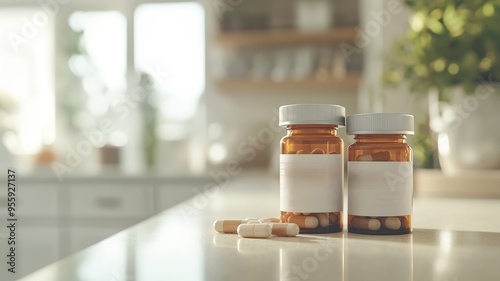 A photograph of two bottles with white labels and orange caps on a kitchen counter, scattered pills around them. Ai Image