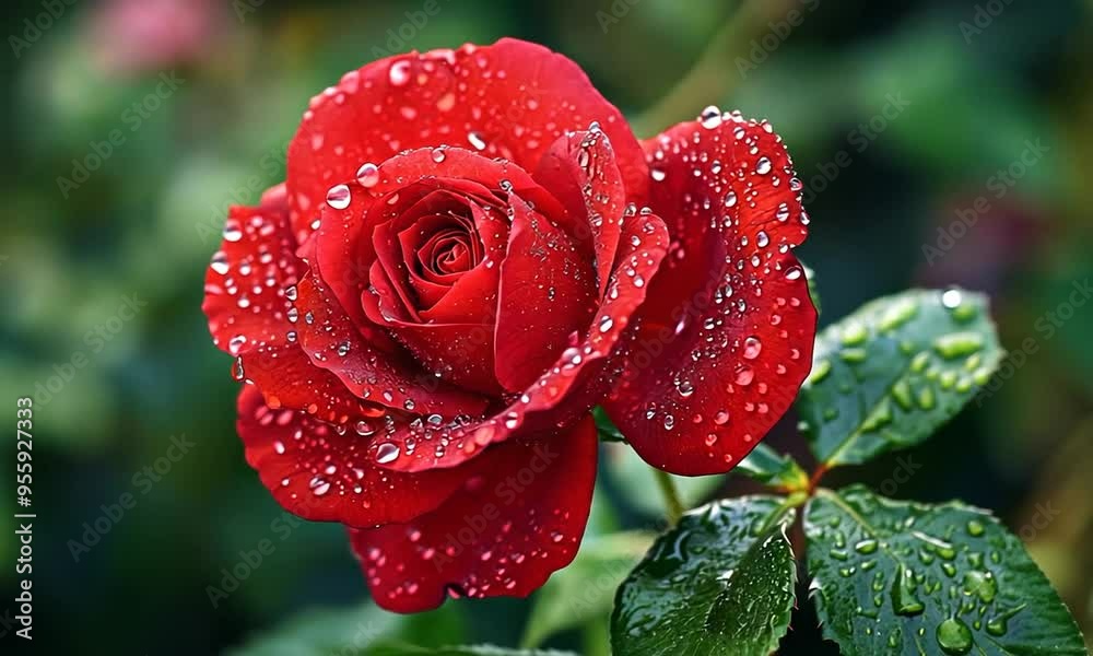 Close-up of a red rose with water droplets on the petals. Close-up of a red rose with water droplets on the petals.