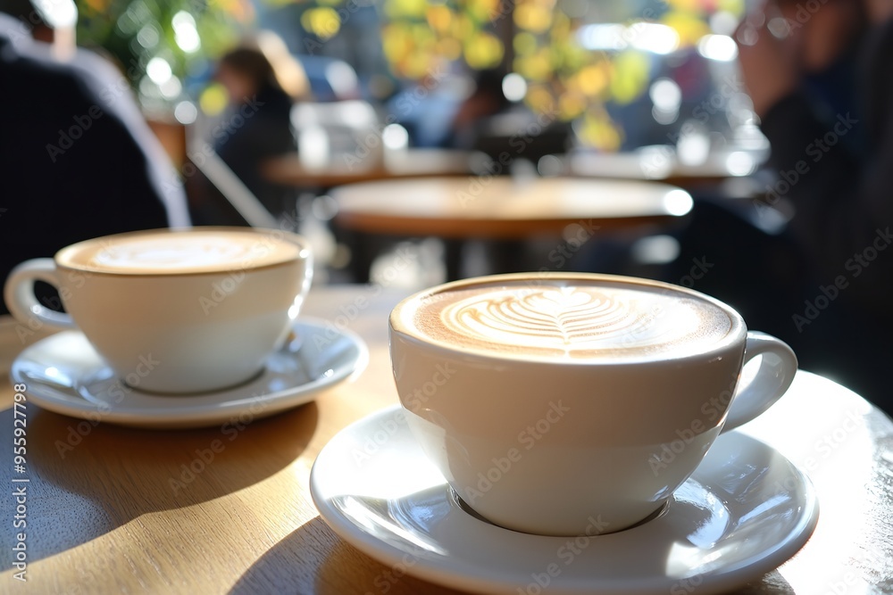 Friends savoring latte art coffees in a cozy café on a sunny morning. Friends savoring latte art coffees in a cozy café on a sunny morning.