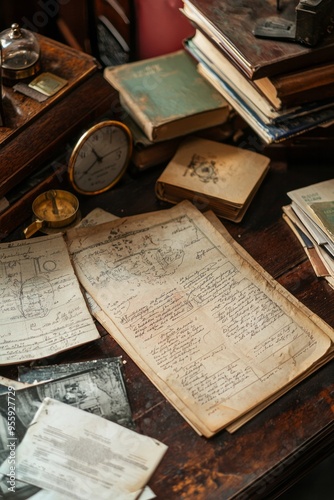 An old ledger and vintage photos showcasing a business’s origins. Desk with historical documents and legacy artifacts