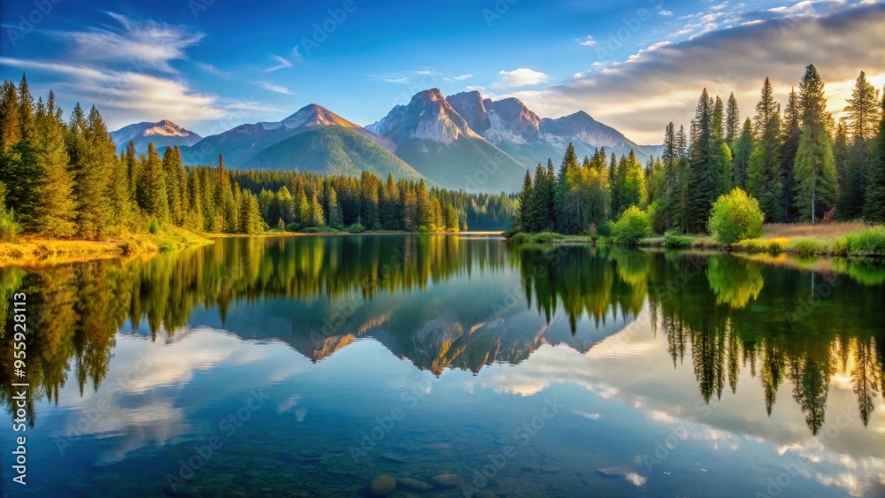 Tranquil lake reflecting mountains and trees in the background, scenic, serene, nature, peaceful, reflection, landscape Tranquil lake reflecting mountains and trees in the background, scenic, serene, nature, peaceful, reflection, landscape
