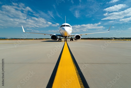 An airplane taxiing on the runway at the airport, following the yellow line.