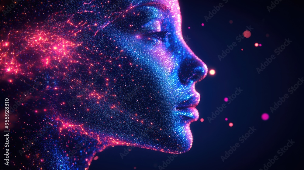 Futuristic Digital Face with Glowing Particles in Neon Colors Futuristic Digital Face with Glowing Particles in Neon Colors