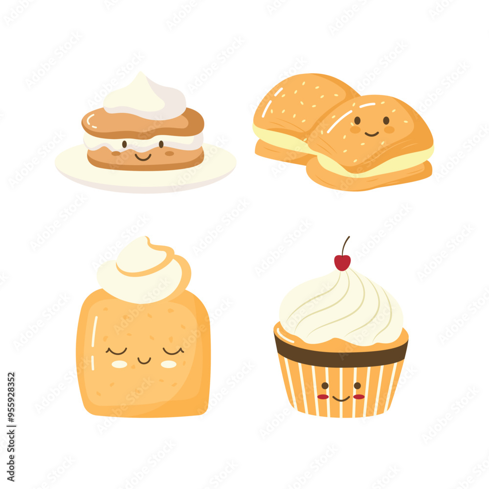 Collection of Cute Delicious Cookie Cake Cupcake Bread Bakery Food Dessert Character Collection of Cute Delicious Cookie Cake Cupcake Bread Bakery Food Dessert Character