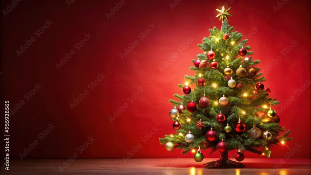 Christmas tree decorated with lights and ornaments on a red background, festive, holiday, celebration, xmas, winter Christmas tree decorated with lights and ornaments on a red background, festive, holiday, celebration, xmas, winter