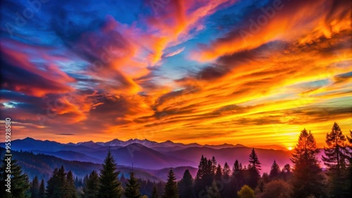 Wallpaper Mural Vibrant sunset over the mountains with colorful sky and silhouettes of trees, mountains, sunset, colorful, sky, vibrant Torontodigital.ca
