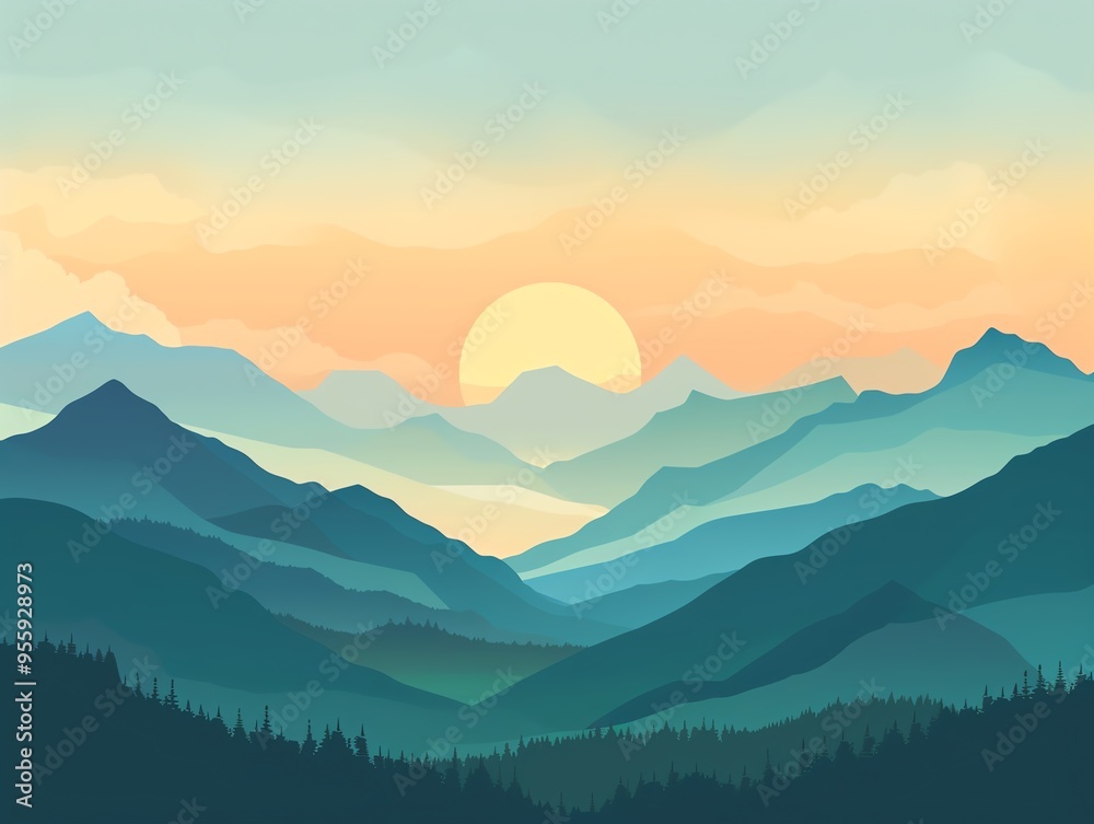 Obraz premium Sunrise casting light on mountains, peaceful dawn, flat design illustration