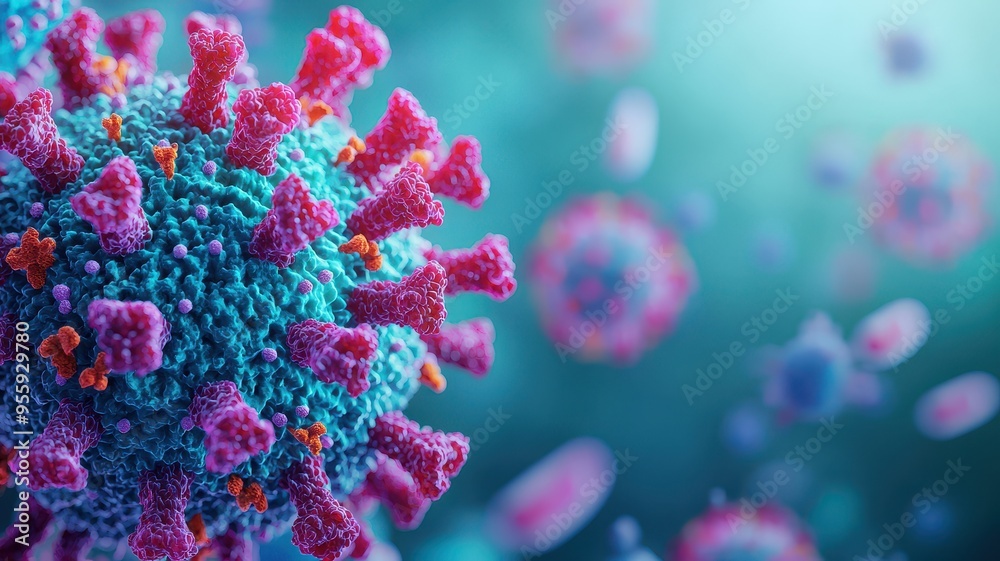 Illustration of a virus particle, showcasing detailed structures and vibrant colors in a scientific background. Illustration of a virus particle, showcasing detailed structures and vibrant colors in a scientific background.