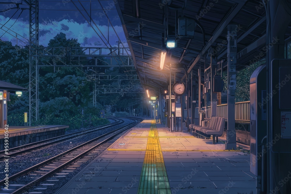 Quiet train station at night with soft, glowing lights and a calm, serene ambiance. Cozy vibe, Generative AI Quiet train station at night with soft, glowing lights and a calm, serene ambiance. Cozy vibe, Generative AI