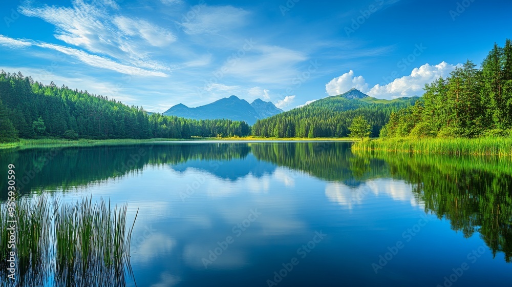A calm lake surrounded by green trees and mountains A calm lake surrounded by green trees and mountains