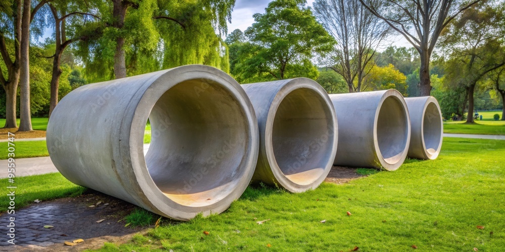 Three concrete pipes placed in a park, concrete, pipes, urban, industrial, park, outdoors, architecture, design Three concrete pipes placed in a park, concrete, pipes, urban, industrial, park, outdoors, architecture, design