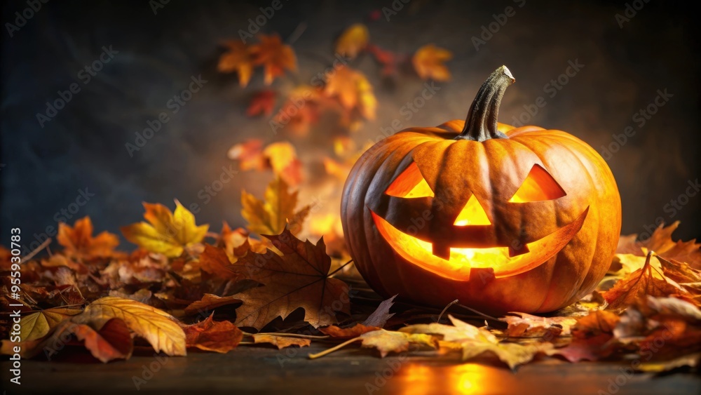 Spooky Halloween pumpkin lantern surrounded by autumn leaves and darkness, pumpkin, Halloween, autumn, orange, October, spooky Spooky Halloween pumpkin lantern surrounded by autumn leaves and darkness, pumpkin, Halloween, autumn, orange, October, spooky