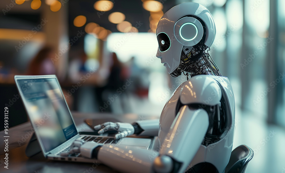 Robot working on laptop in office Robot working on laptop in office