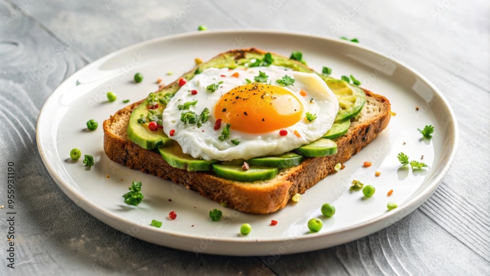 Avocado egg toast served on a white restaurant plate, avocado, eggs, toast, breakfast, brunch, healthy, delicious, food Avocado egg toast served on a white restaurant plate, avocado, eggs, toast, breakfast, brunch, healthy, delicious, food