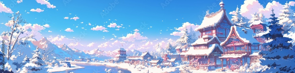 Fototapeta premium Enchanting Snow Village: Anime-Style Illustration of China's Famous Winter Wonderland. Serene Landscape with Snow-Covered Houses and Vast White Plains. Perfect for NFT Art, Wallpapers, Apparel Design,