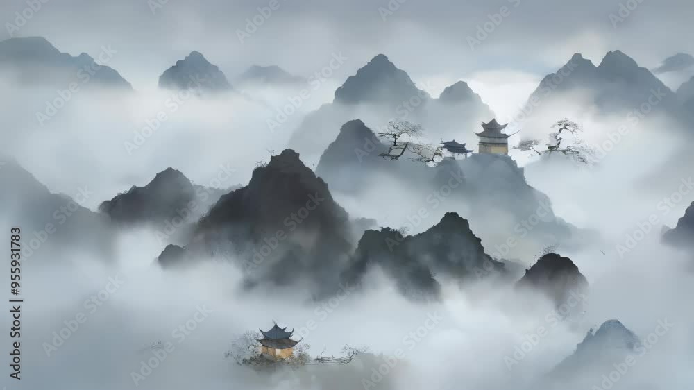 Mountain Temple in Misty Landscape