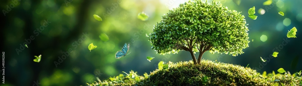 A vibrant tree surrounded by green leaves on a sunny day, symbolizing nature and growth in a serene landscape. A vibrant tree surrounded by green leaves on a sunny day, symbolizing nature and growth in a serene landscape.