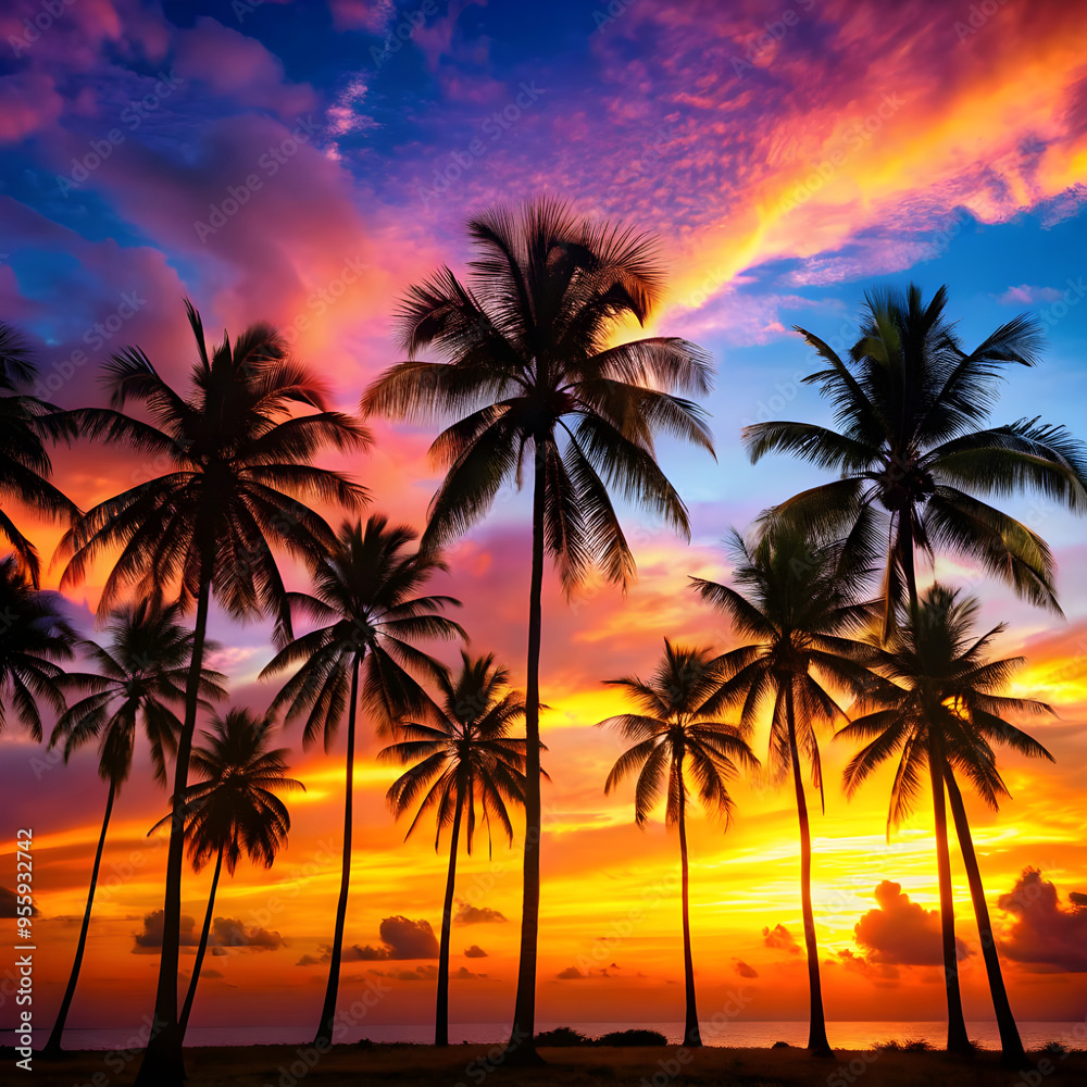 silhouette of palm trees with colorful sky silhouette of palm trees with colorful sky