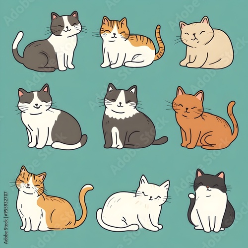 Cartoon Style Depiction of Various Worldwide Domestic Cat Breeds Posed on Tranquil Aqua Background