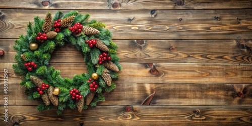 Christmas wreath hanging on rustic wood background, Christmas, wreath, holiday, decoration, rustic, wood