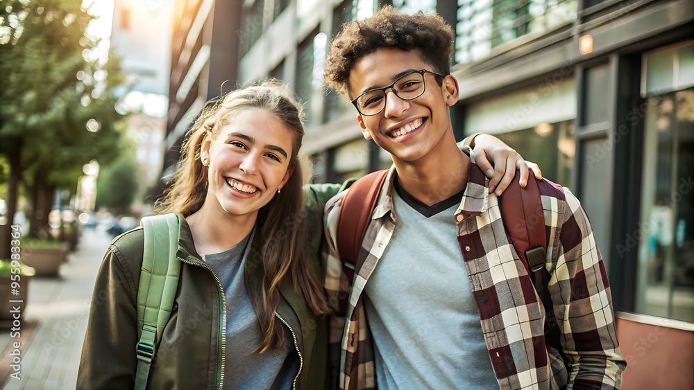Happy Diverse Teenagers Friends Walking Together in the City.