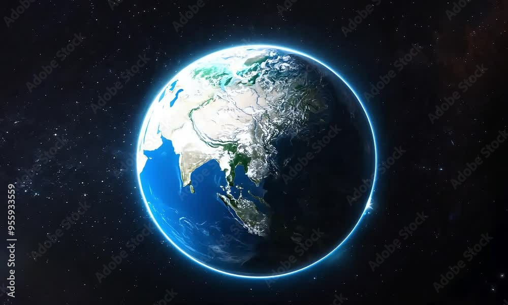 Brightly illuminated Earth with visible continents and glowing atmosphere from space Brightly illuminated Earth with visible continents and glowing atmosphere from space