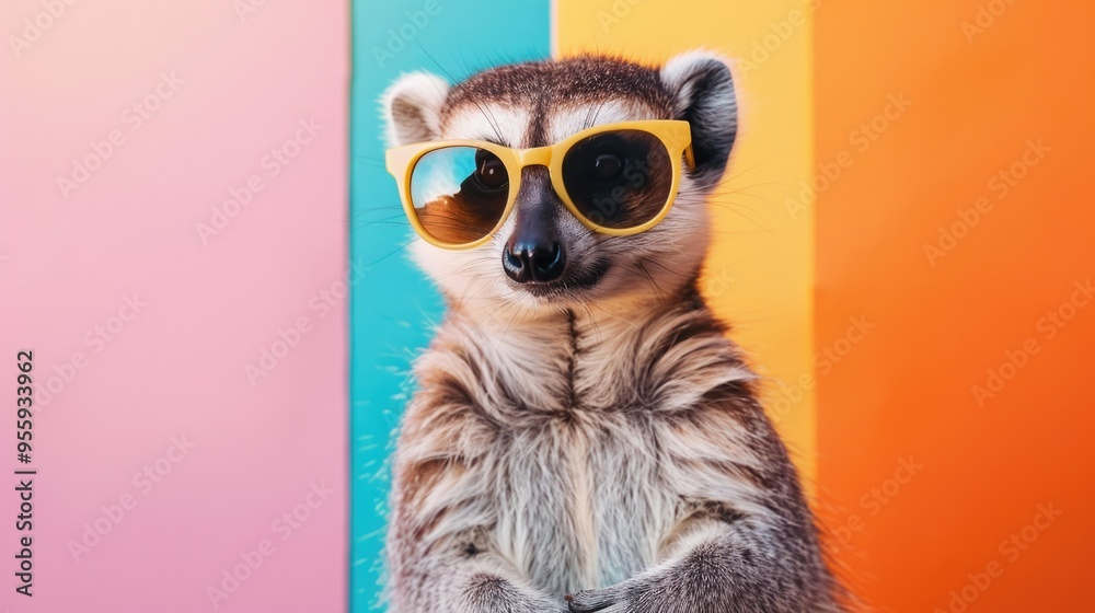 Fototapeta premium Funny cute raccoon in yellow sunglasses looking at camera isolated on pink , blue, orange background