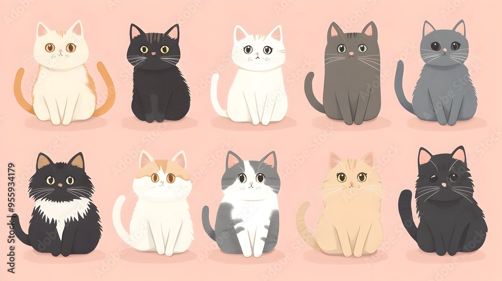 Adorable Cartoon Cats in Soft Pink Background  Diverse Feline Breeds Collection