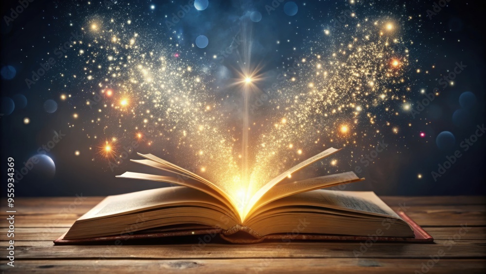 Open book with glowing magical particles emanating from its pages, Back to school, education, learning, knowledge, reading Open book with glowing magical particles emanating from its pages, Back to school, education, learning, knowledge, reading