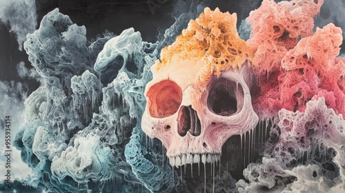 A Surrealistic artwork featuring a skull surrounded by clouds, with vibrant pink and blue hues. photo