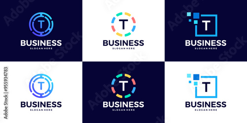 Collection of Technology letter T logo design template. Initials symbol for Business, Start up, Artificial Intelligence.