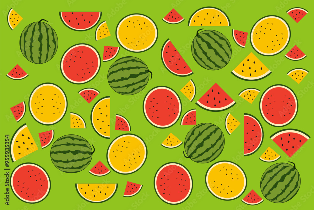 seamless pattern with set of red and yellow watermelon, whole and various slices. colorful background. seamless pattern with set of red and yellow watermelon, whole and various slices. colorful background.