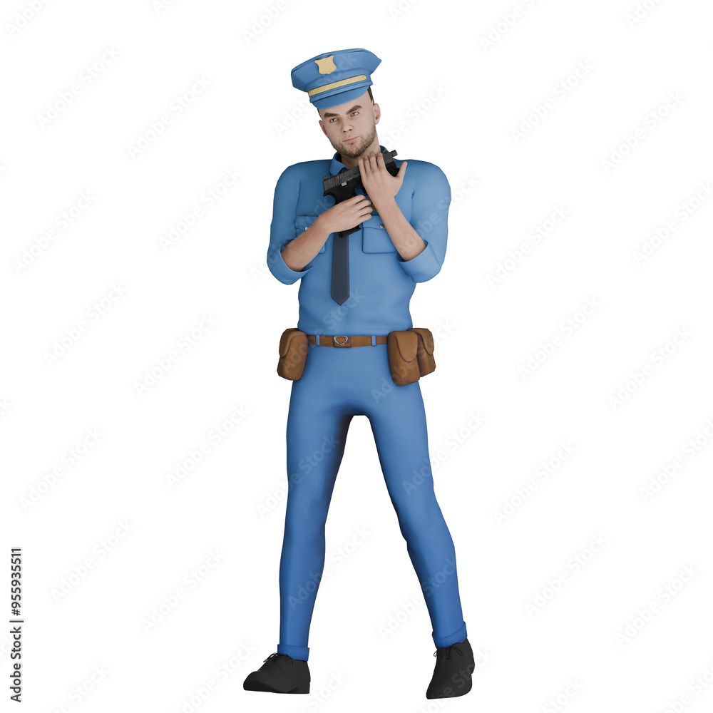 Animated 3D Law Illustration. A male policeman standing with both hands holding a gun in front of his chest. Professional Cartoon Police Animated 3D Law Illustration. A male policeman standing with both hands holding a gun in front of his chest. Professional Cartoon Police