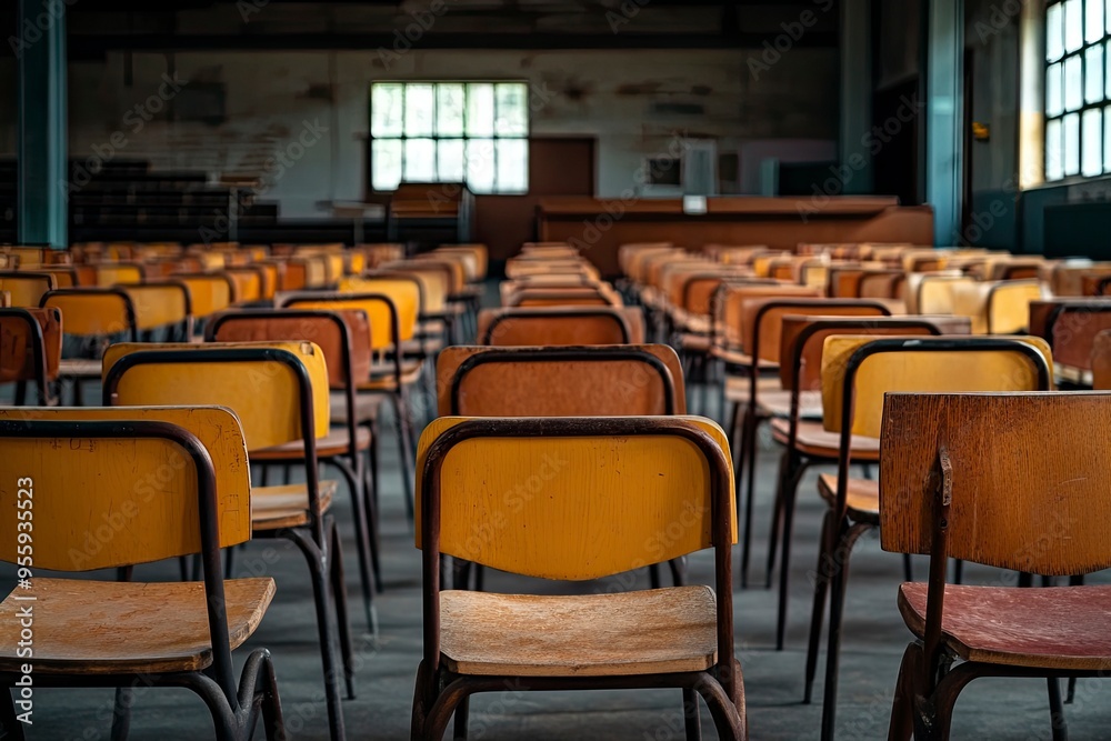 Empty classroom with chairs and tables in a school hall , ai Empty classroom with chairs and tables in a school hall , ai