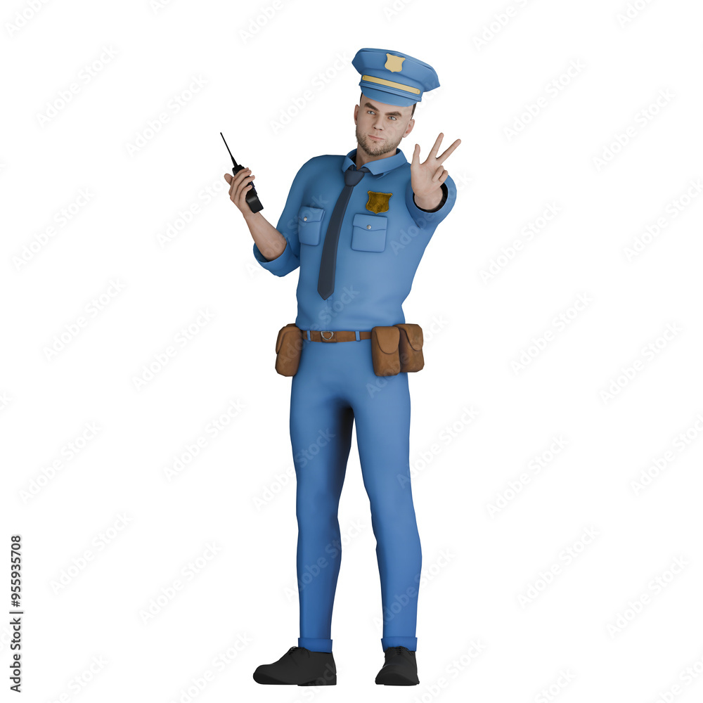 Animated Male Cartoon Cop. A male policeman stands with his left hand forward while his right hand holds the ht. 3D Law Enforcement Animated Male Cartoon Cop. A male policeman stands with his left hand forward while his right hand holds the ht. 3D Law Enforcement
