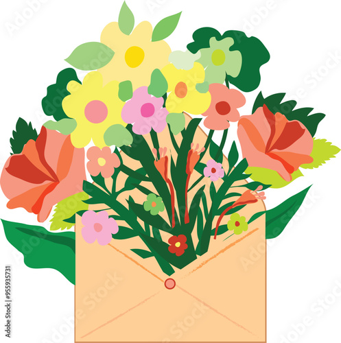 love letter with flowers illustration. Postal letter illustration. Floral letter clipart. 