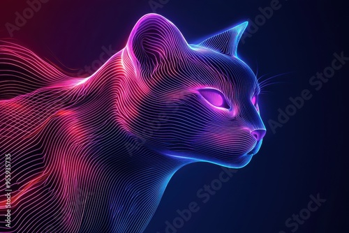 Neon Cat Head, Vibrant Abstract Portrait