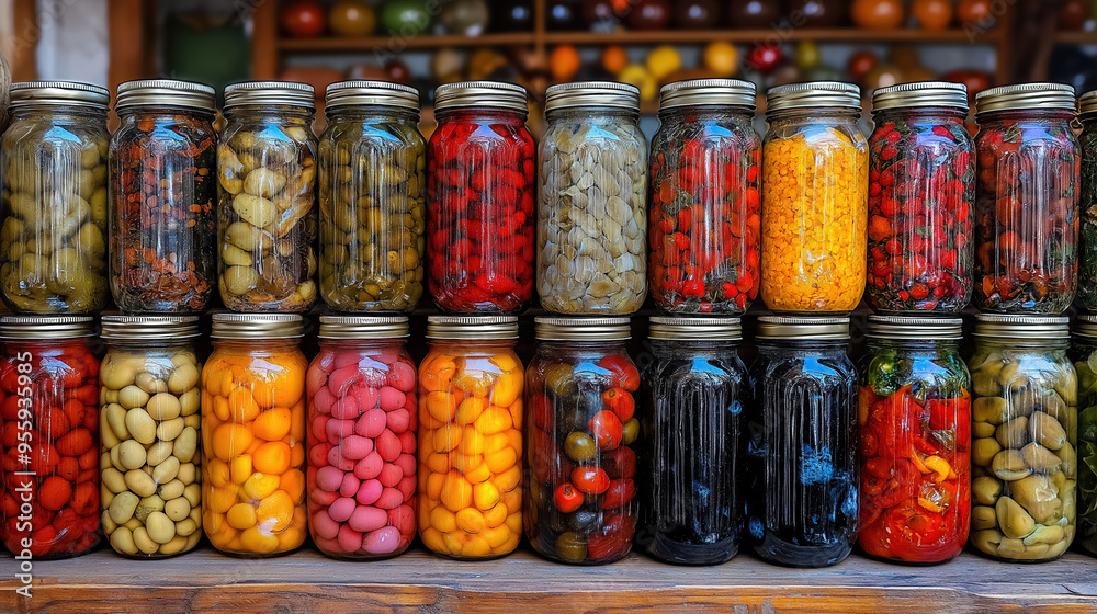 Colorful array of pickled vegetables in neatly arranged glass jars displayed on a wooden shelf, showcasing the vibrant variety of preserved produce. Colorful array of pickled vegetables in neatly arranged glass jars displayed on a wooden shelf, showcasing the vibrant variety of preserved produce.