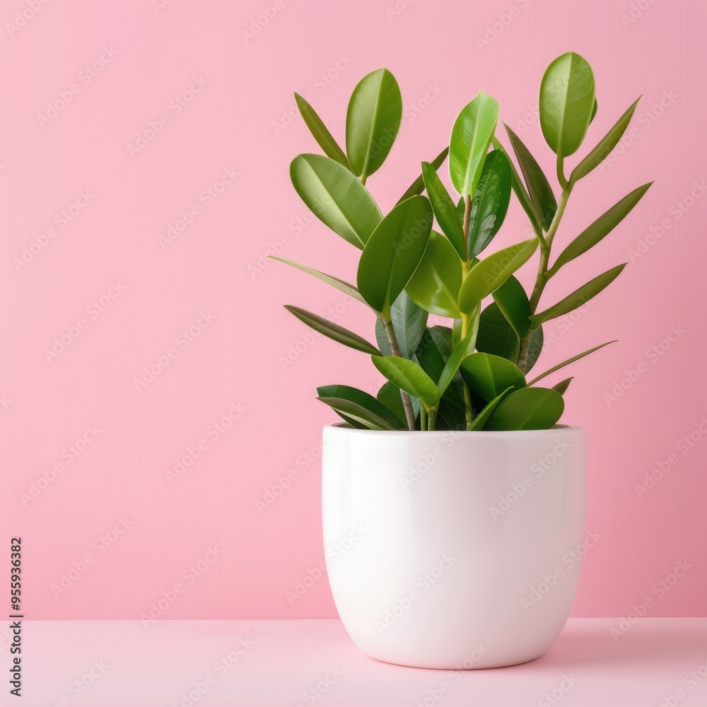 Minimalistic Isolated Houseplant in White Ceramic Pot on Pastel Background with Copy Space Minimalistic Isolated Houseplant in White Ceramic Pot on Pastel Background with Copy Space